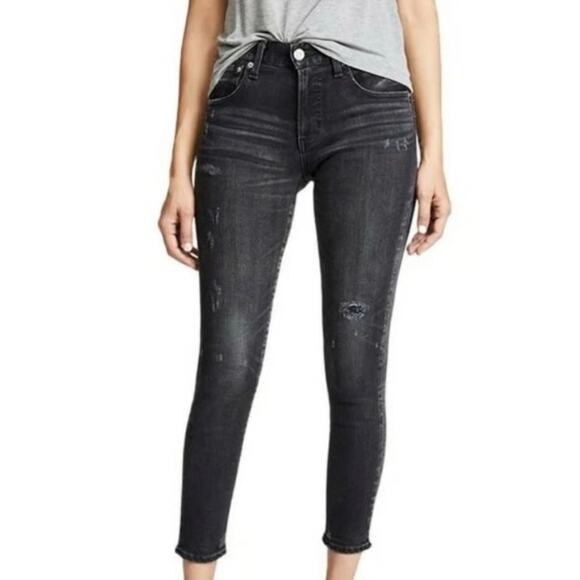 Moussy Vintage Black Velma Skinny Ankle Distressed Jeans Stretch Mid Rise Sz 25 - Picture 1 of 11